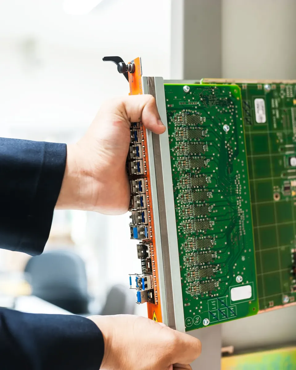 Technician holding a server component ready for installation