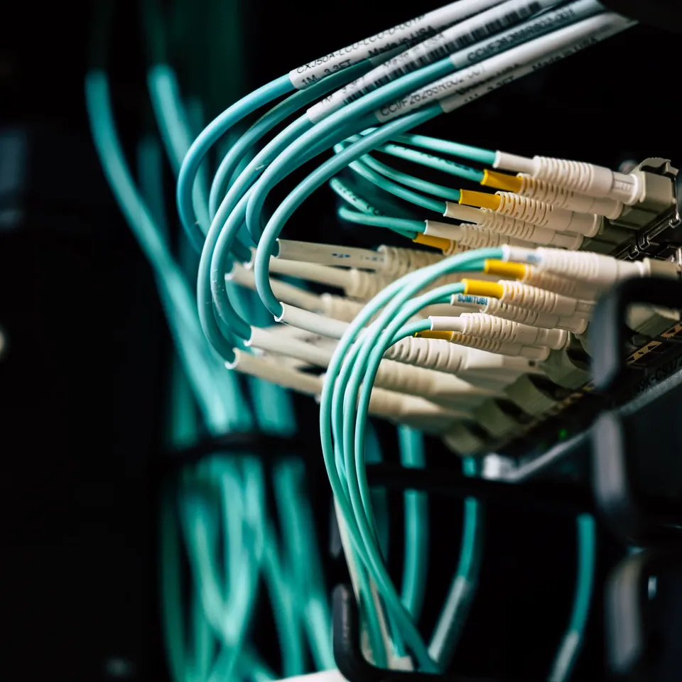 Fibre optic cables connected to network equipment