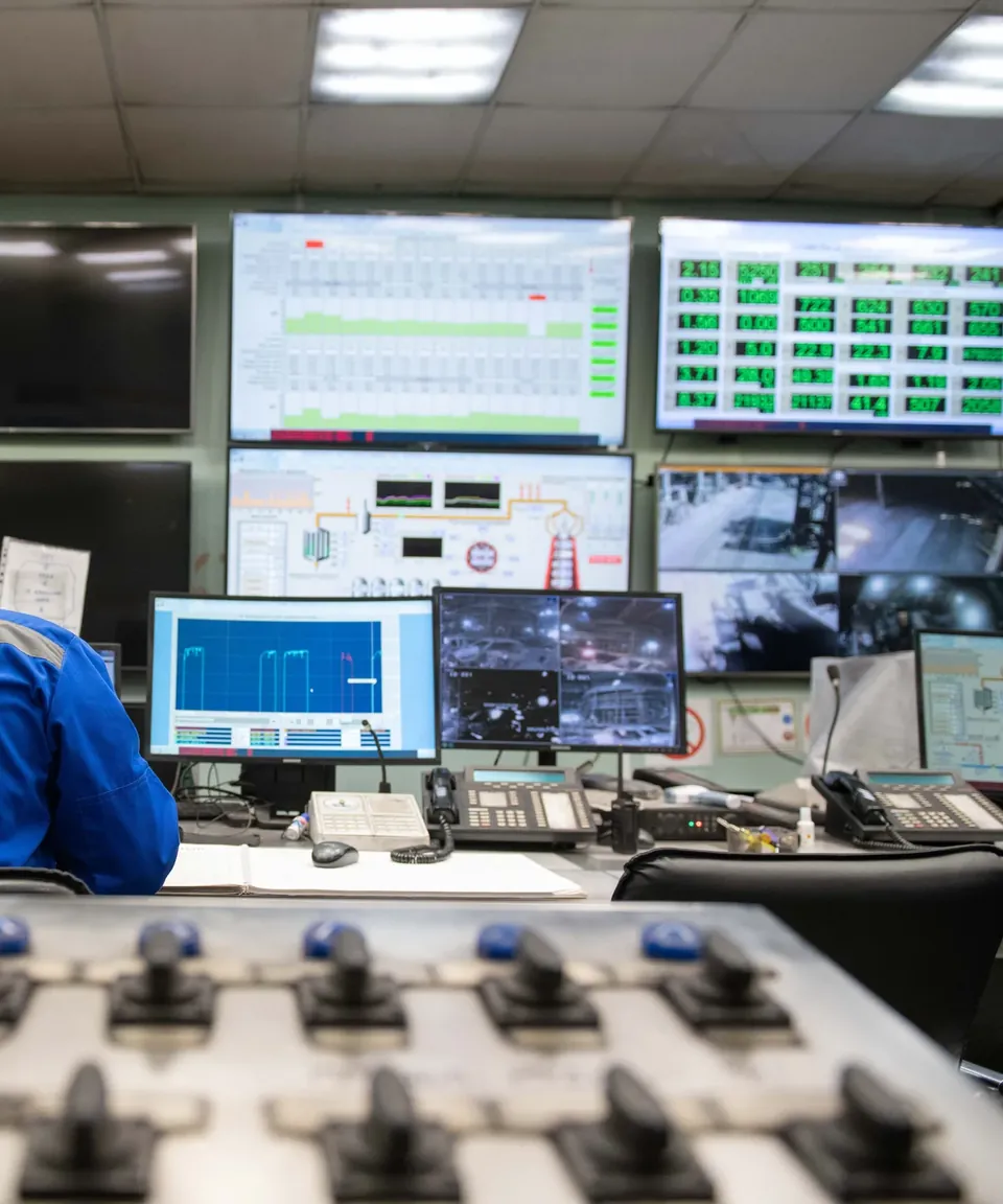 Operator monitoring industrial systems in a control room
