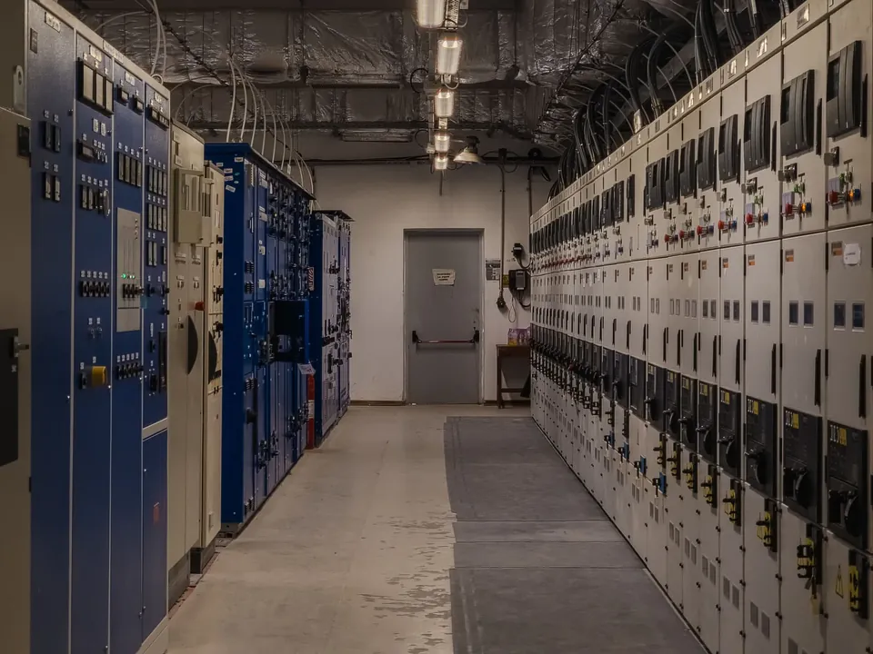 Electrical switchgear and control panels in a plant room