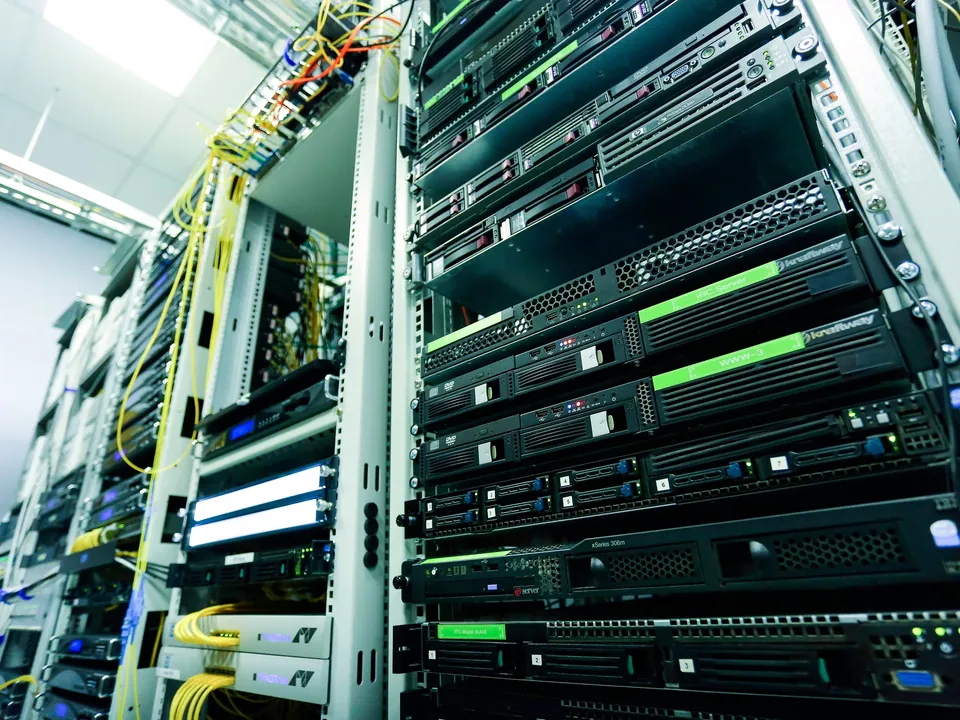Rack-mounted servers and network equipment with organised cabling