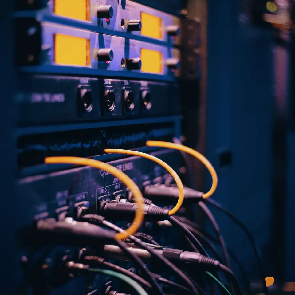 Network cables connected to a rack-mounted switch