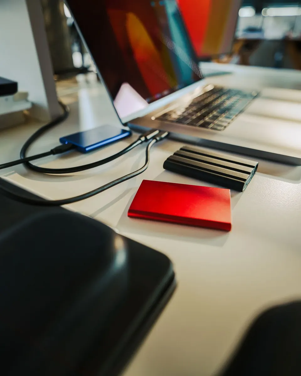 Laptop connected to external drives for data backup