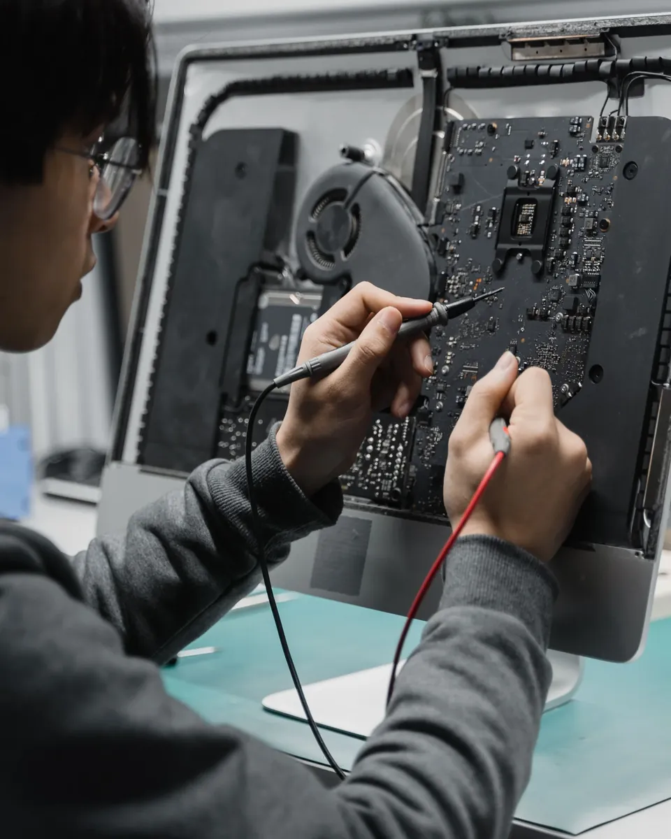 Technician repairing a circuit board at a service bench